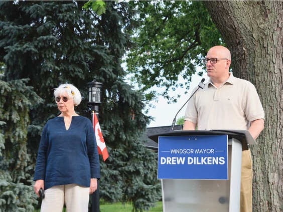 Windsor Mayor Drew Dilkens was joined by Ward 6 Coun. Jo-Anne Gignac in announcing $4 million in storm and sewer upgrades for Eastlawn Avenue on Thursday, Aug. 26, 2021. Gignac said the project would help bring peace of mind to residents who have suffered flooding in the neighbourhood over the years. PHOTO BY KATHLEEN SAYLORS /Windsor Star
